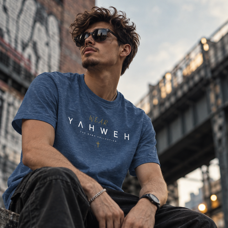 A man wearing a blue graphic t-shirt with 'YAHWEH' printed on the chest, black jeans, and sunglasses, sitting on a concrete ledge in an urban setting with graffiti walls and a bridge in the background.